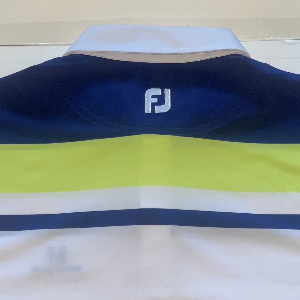 Foot Joy FJ Golf Polo Shirt Mens XL White Blue Green Stretch‎ W/Black Hawk Logo